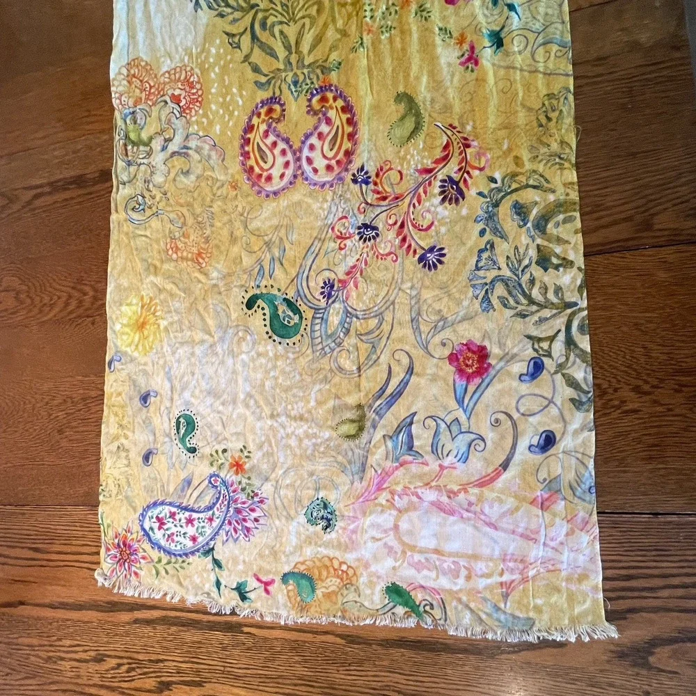 Chico's Floral Paisley Square Scarf Sheer Raw Hem Yellow Multi-Color Lightweight